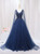 Navy Blue Tulle V-neck Beading Prom Dress