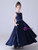 Navy Blue Satin Beading Flower Girl Dress