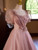 Pink Tulle Square Neck Short Sleeve Beading Prom Dress