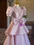 Pink Purple Satin High Neck Puff Sleeve Bow Prom Dress