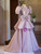 Pink Purple Satin High Neck Puff Sleeve Bow Prom Dress