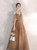 Light Brown Tulle Spagehtti Straps Beading Prom Dress