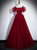 Burgundy Tulle Sequins Straps Puff Sleeve Prom Dress