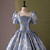 Blue Short Sleee Print Pearls Quinceanera Dress