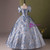 Blue Short Sleee Print Pearls Quinceanera Dress