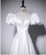 White Satin Short Sleeve Pearls Pleats Prom Dress
