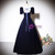 Black Velvet Short Sleeve Square Neck Crystal Prom Dress