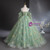 	Lace-up corset back of green embroidered Quinceanera dress for adjustable fit