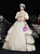 Champagne Satin Puff Sleeve Print Vintage Dress