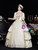Champagne Satin Puff Sleeve Print Vintage Dress