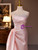 Pink Satin Strapless Pleats Beading Prom Dress