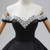 Black Satin Long Sleeve Pearls Prom Dress