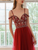 Sexy A-line Burgundy Tulle Spaghetti Straps Beading Prom Dress