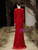 Red Velvet Long Sleeve Beading Prom Dress