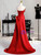 Red Satin Strapless Appliques Prom Dress