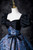Navy Blue Puff Sleeve Print Quinceanera Dress