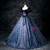 Navy Blue Puff Sleeve Print Quinceanera Dress