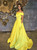 Off the Shoulder Evening Dress with Pockets in Bright Yellow Satin