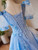 Blue Tulle V-neck Puff Sleeve 3D Flower Quinceanera Dress