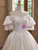 White Satin Lace Puff Sleeve Wedding Dress