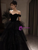 A-Line Black Tulle Sequins Velvet Short Sleeve Prom Dress