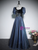 Black Blue Short Sleeve Sequare Neck Appliques Prom Dress