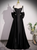 Black Satin Spaghetti Straps Bow Pearls Prom Dress