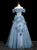 Blue off-the-shoulder tulle prom dress with 3D flower embellishments