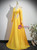 Yellow Satin Long Sleeve Appliques Prom Dress
