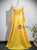 Yellow Satin Long Sleeve Appliques Prom Dress