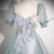 Blue Tulle Sequins Puff Sleeve 3D Flower Prom Dress
