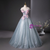 Gray Blue Tulle Sequins Cap Sleeve 3D Flower Quinceanera Dress