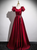 Burgundy Satin Pleats Short Sleeve Pearls Prom Dress