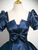 Navy Blue Square Neck Puff Sleeve Bow Quinceanera Dress