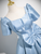 Blue Short Sleeve Pleats Bow Quinceanera Dress
