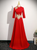 Red Short Sleeve High Neck Appliques Prom Dress