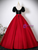 Red Satin Black Velvet Short Sleeve Quinceanera Dress