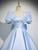 Light Blue Satin Puff Sleeve Bow Quinceanera Dress