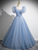 Blue Tulle Puff Sleeve Flower Beading Quinceanera Dress