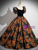Black Print Puff Sleeve Square Neck Quinceanera Dress