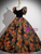 Black Print Puff Sleeve Square Neck Quinceanera Dress