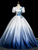 Blue Gradient Satin Puff Sleeve Appliques Quinceanera Dress