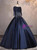 Navy Blue Satin Short Sleeve Pleats Beading Quinceanera Dress