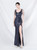 In Stock:Ship in 48 Hours Navy Blue Sequins Straps Beading Slit Party Dress