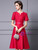 Red Satin Short Sleeve Mother Of The Bride Dress With Belt