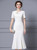 Beige White Short Sleeve Flower Beading Mother Of The Bride Dress