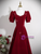 Simple Burgundy Velvet Short Sleeve Bow Prom Dress