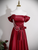 Elegant Burgundy Satin Off the Shoulder Pleats Flower Prom Dress