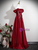 Elegant Burgundy Satin Off the Shoulder Pleats Flower Prom Dress