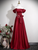 Elegant Burgundy Satin Off the Shoulder Pleats Flower Prom Dress